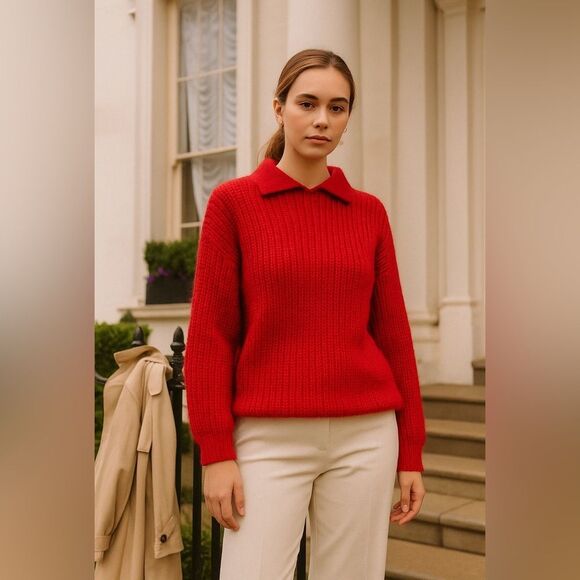 Vintage Handloomed Ireland Mohair Wool Sweater Red Chunky Knit Collared Pullover - Picture 1 of 6